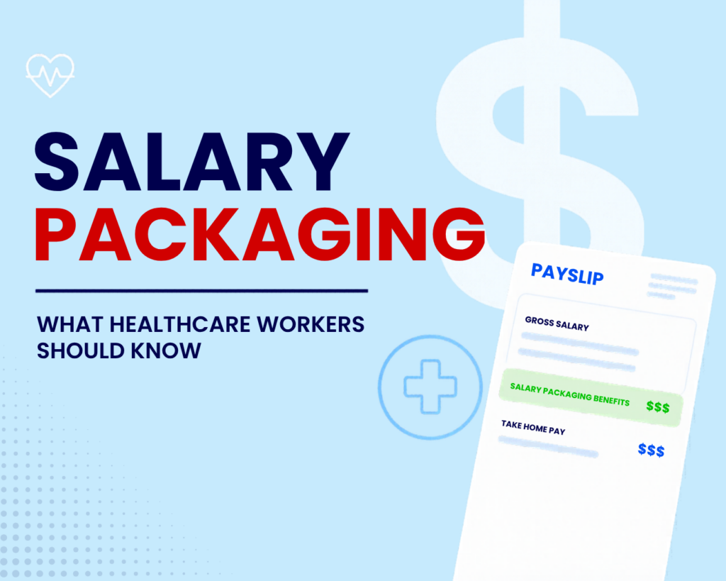 Modern blog cover graphic about salary packaging for healthcare workers, featuring bold navy and red typography on a light blue background, with a payslip illustration, healthcare icons, and subtle dollar sign graphics.