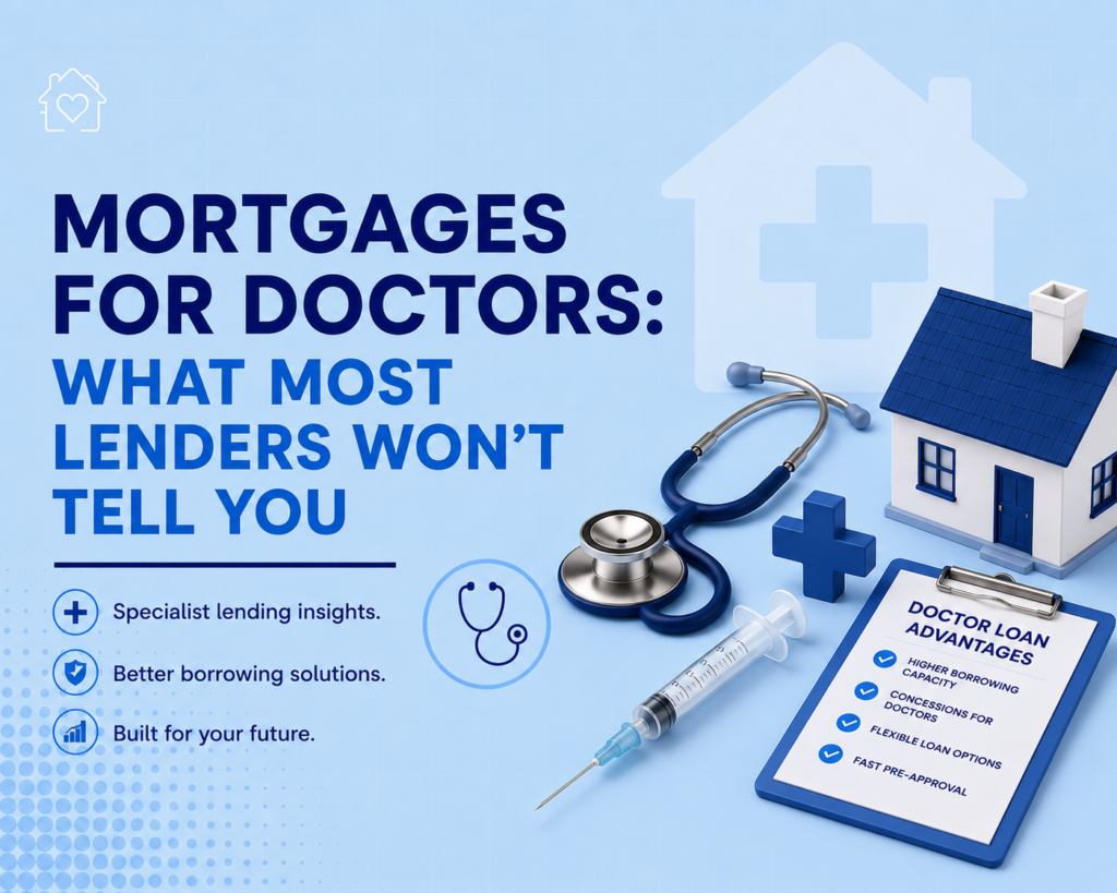 Blog cover image for “Mortgages for Doctors: What Most Lenders Won’t Tell You” featuring a light blue gradient background, bold navy and blue typography, and 3D medical-themed illustrations including a stethoscope, syringe, medical cross, house model, and doctor loan approval clipboard.