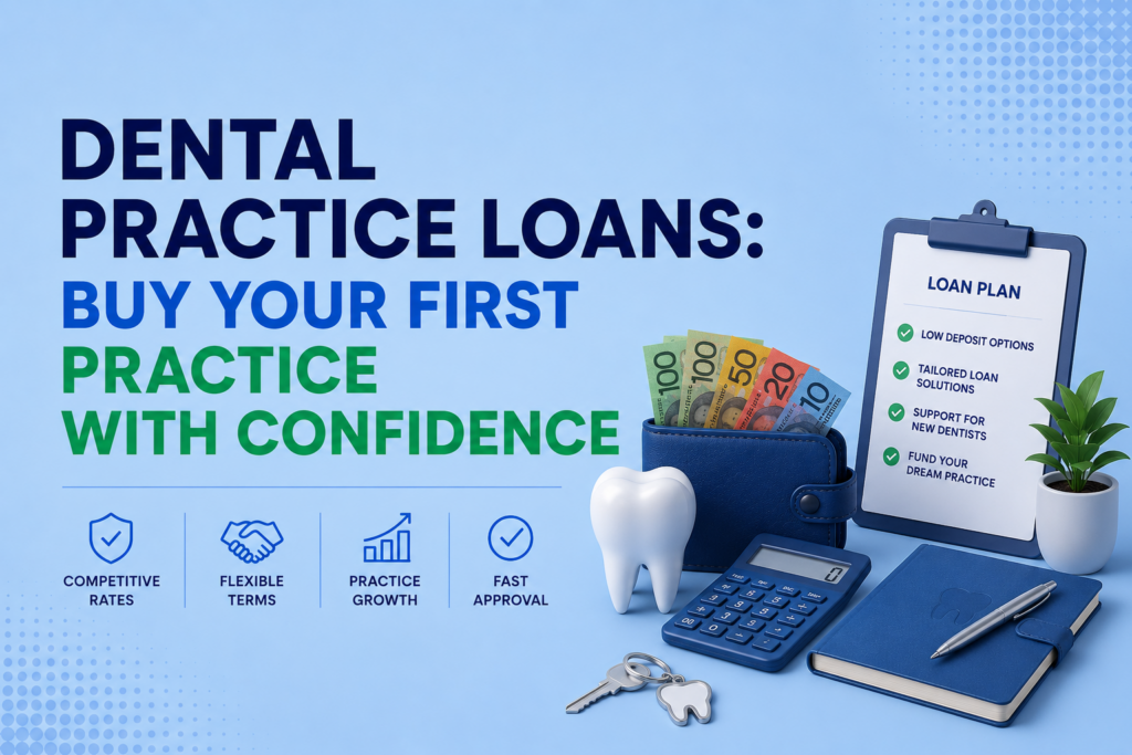 Promotional blog cover with the title “Dental Practice Loans: Buy Your First Practice With Confidence” on a light blue background. The design features a blue wallet filled with Australian dollar notes, a large tooth model, calculator, clipboard with loan benefits, notebook, keys, plant, and dental-themed icons arranged beside bold left-aligned text.