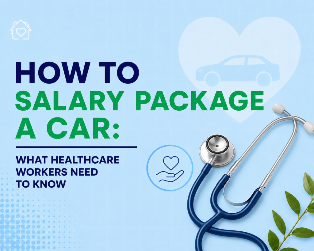 Minimalist blog cover with a light blue background, bold navy and green typography, and a blue stethoscope representing healthcare workers. Subtle healthcare icons, a faint heart-shaped car graphic, and soft decorative details create a clean modern design.